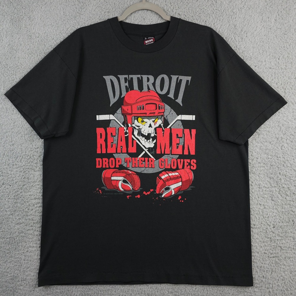 VTG 90s Detroit Red Wings Shirt XL Black Real Men Drop Their Gloves Molson Ice